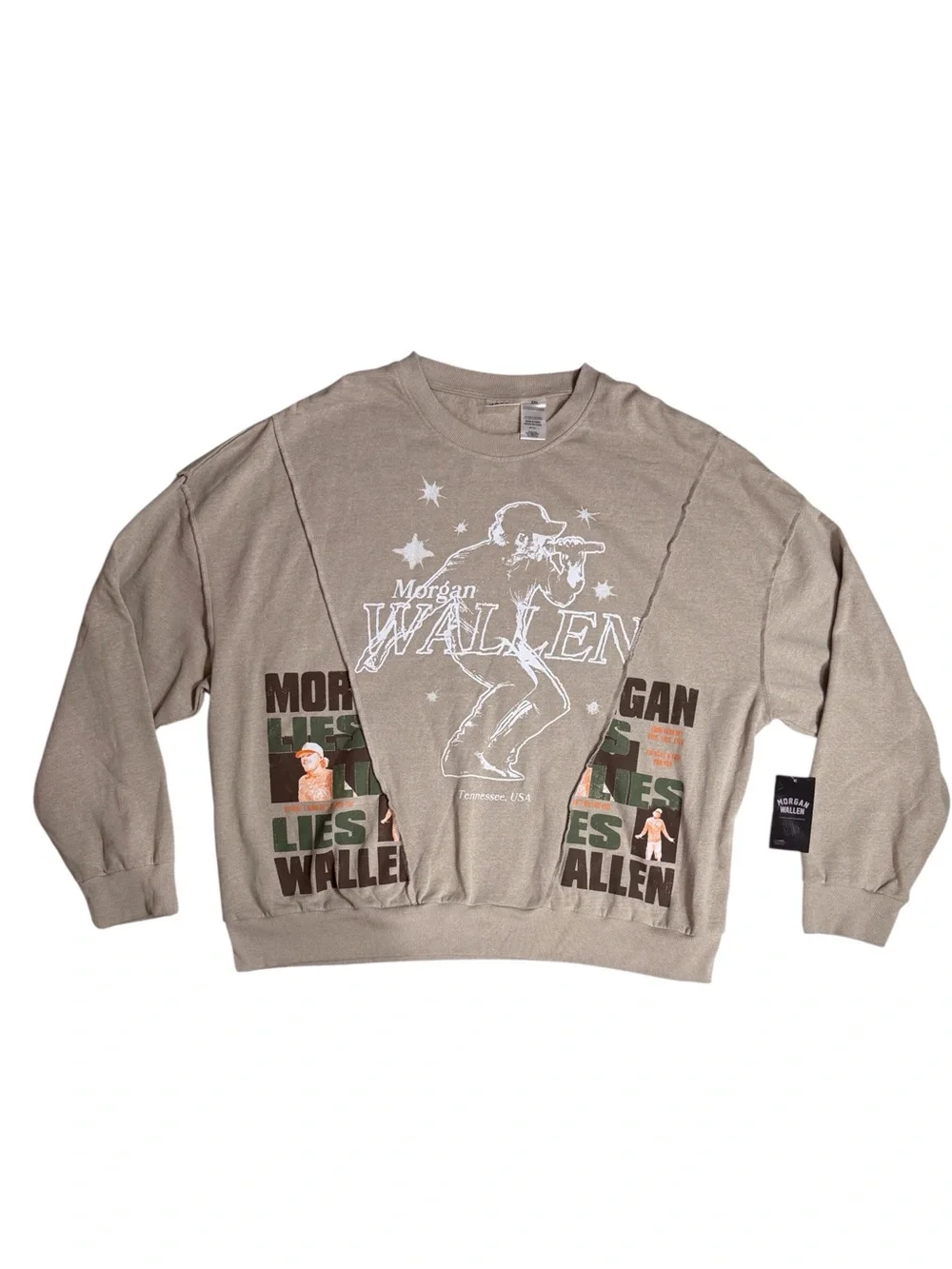 Morgan Wallen tan split graphic crewneck oversized sweatshirt men’s size 2XL NWT